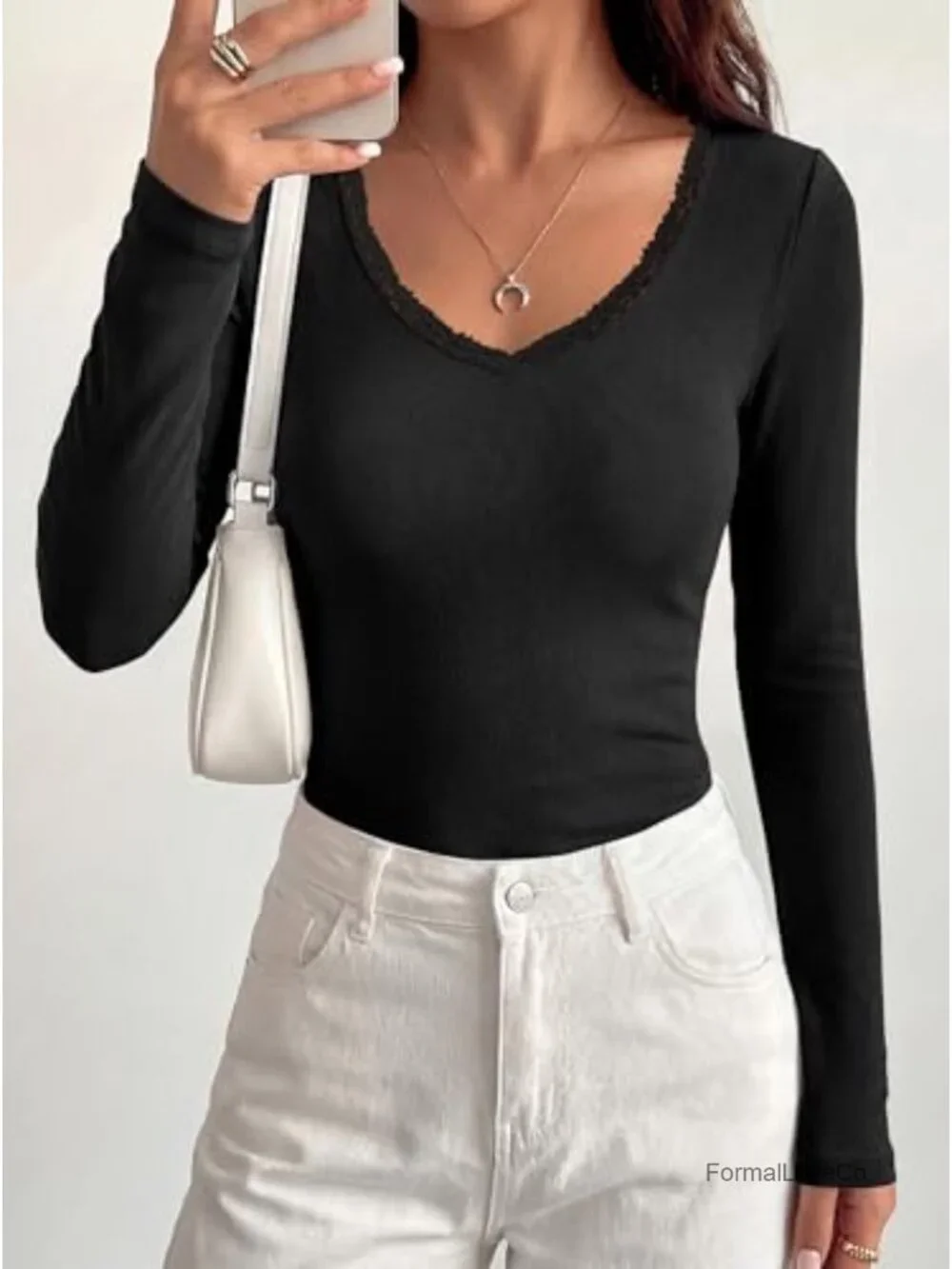 Lace Deep V Neck Long Sleeve Slim Fit Top Going Out Night Out Fall Layering